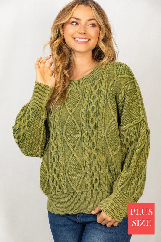 Long Sleeve Mineral Washed Cable Sweater - Plus Sized