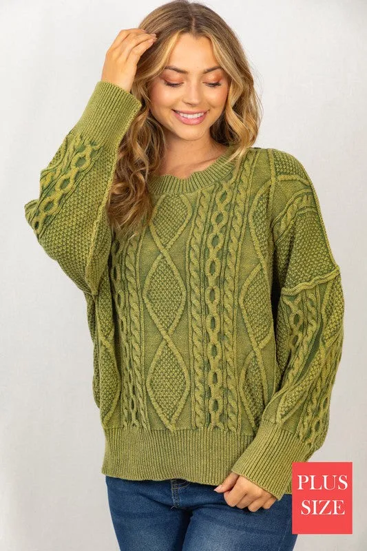 Long Sleeve Mineral Washed Cable Sweater - Plus Sized