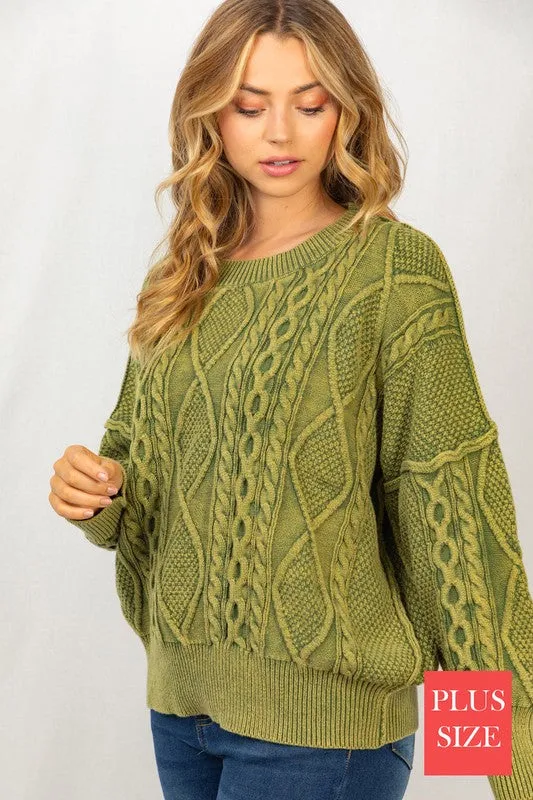 Long Sleeve Mineral Washed Cable Sweater - Plus Sized