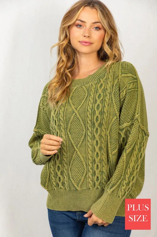 Long Sleeve Mineral Washed Cable Sweater - Plus Sized