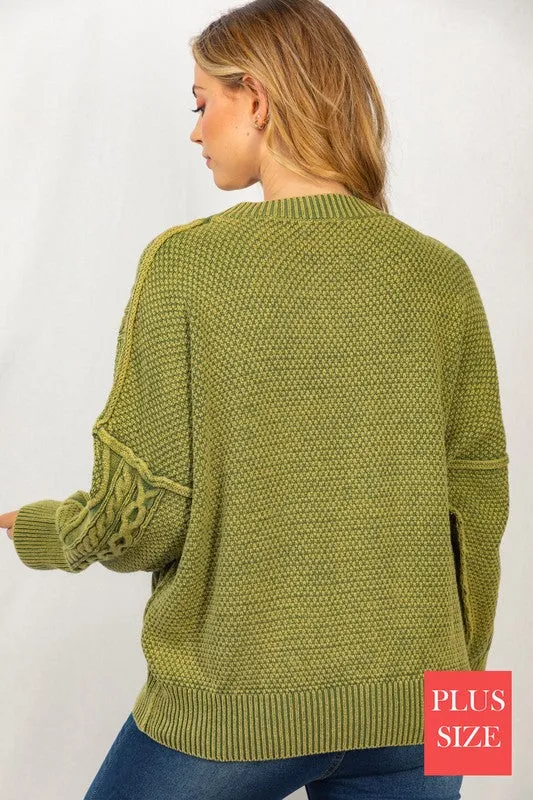 Long Sleeve Mineral Washed Cable Sweater - Plus Sized