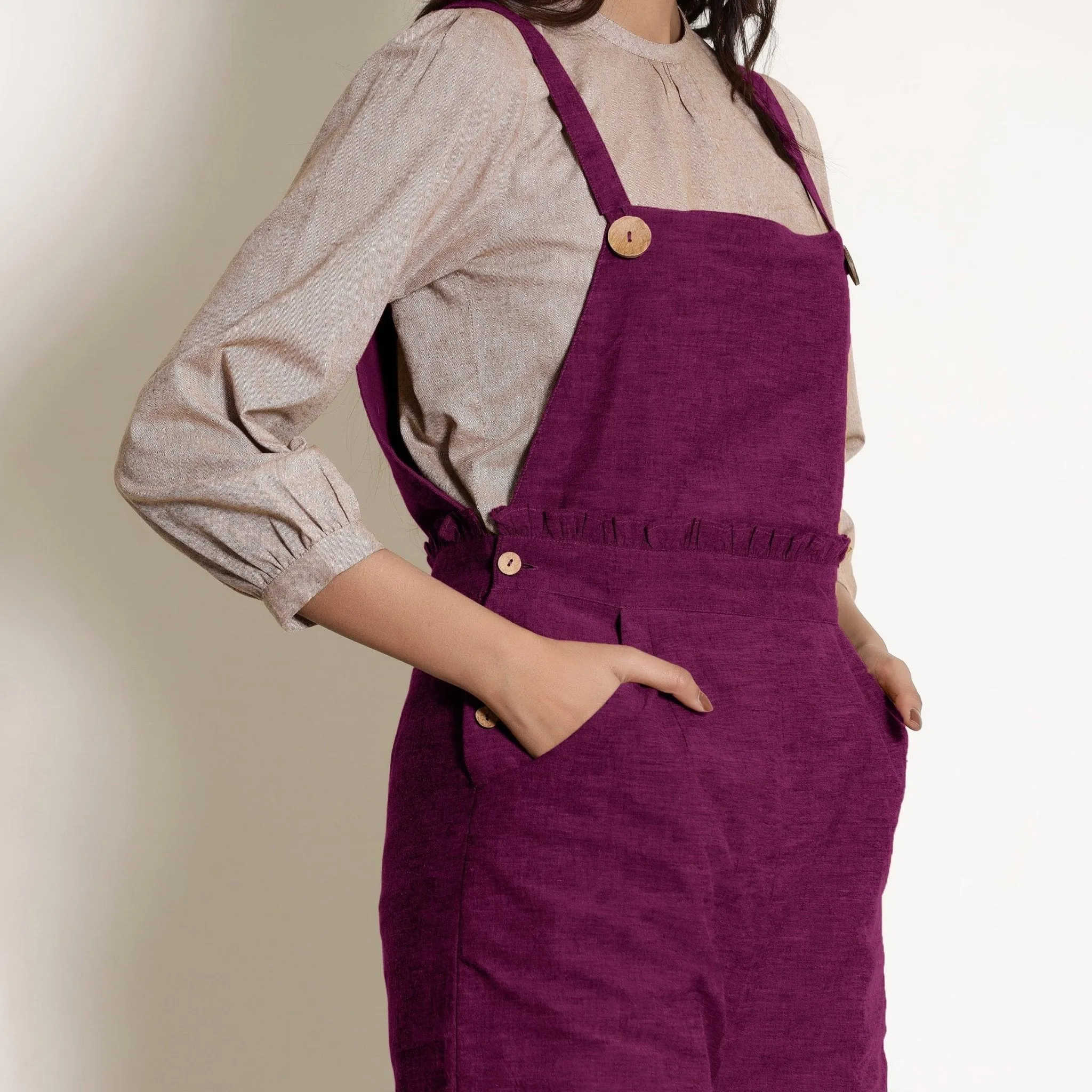 Magenta Warm Cotton Frilled Waist Short Romper