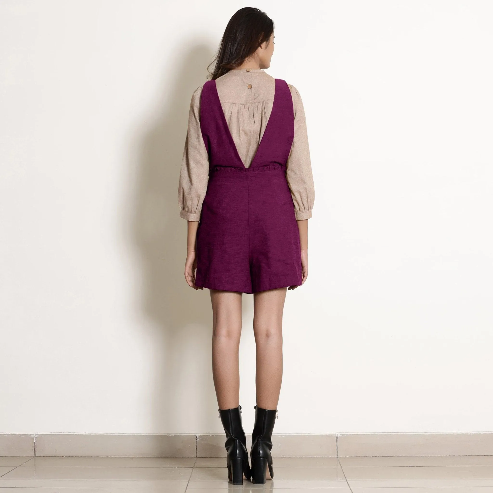 Magenta Warm Cotton Frilled Waist Short Romper