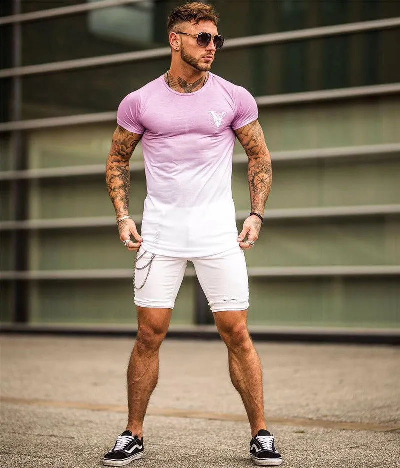 Men's Fashion Street Casual Pink & White T-shirt