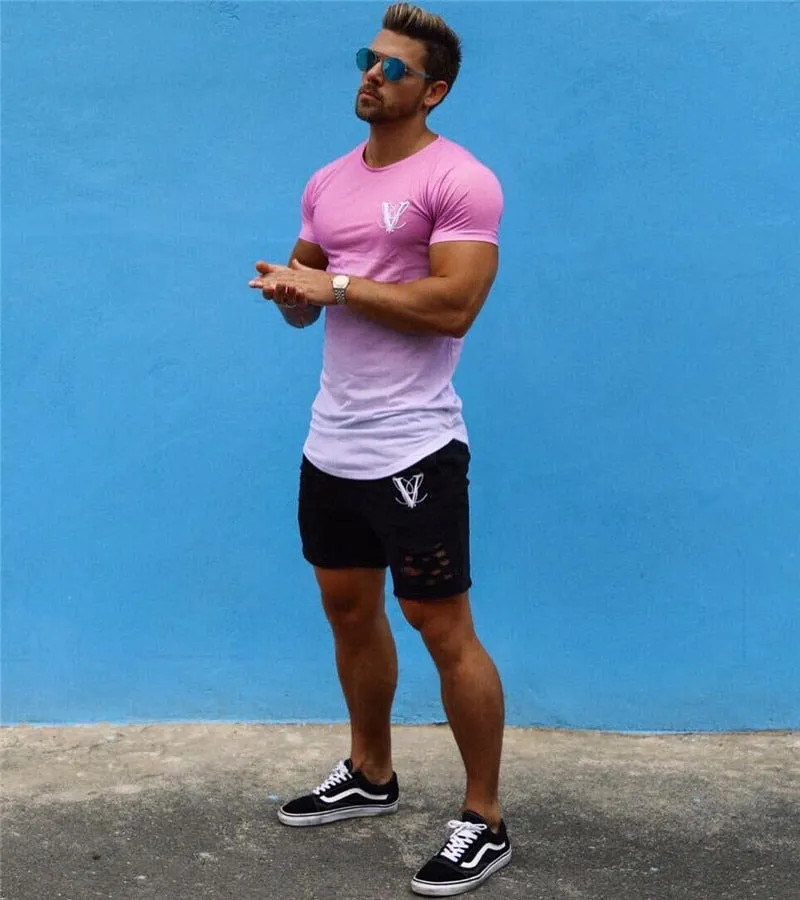 Men's Fashion Street Casual Pink & White T-shirt