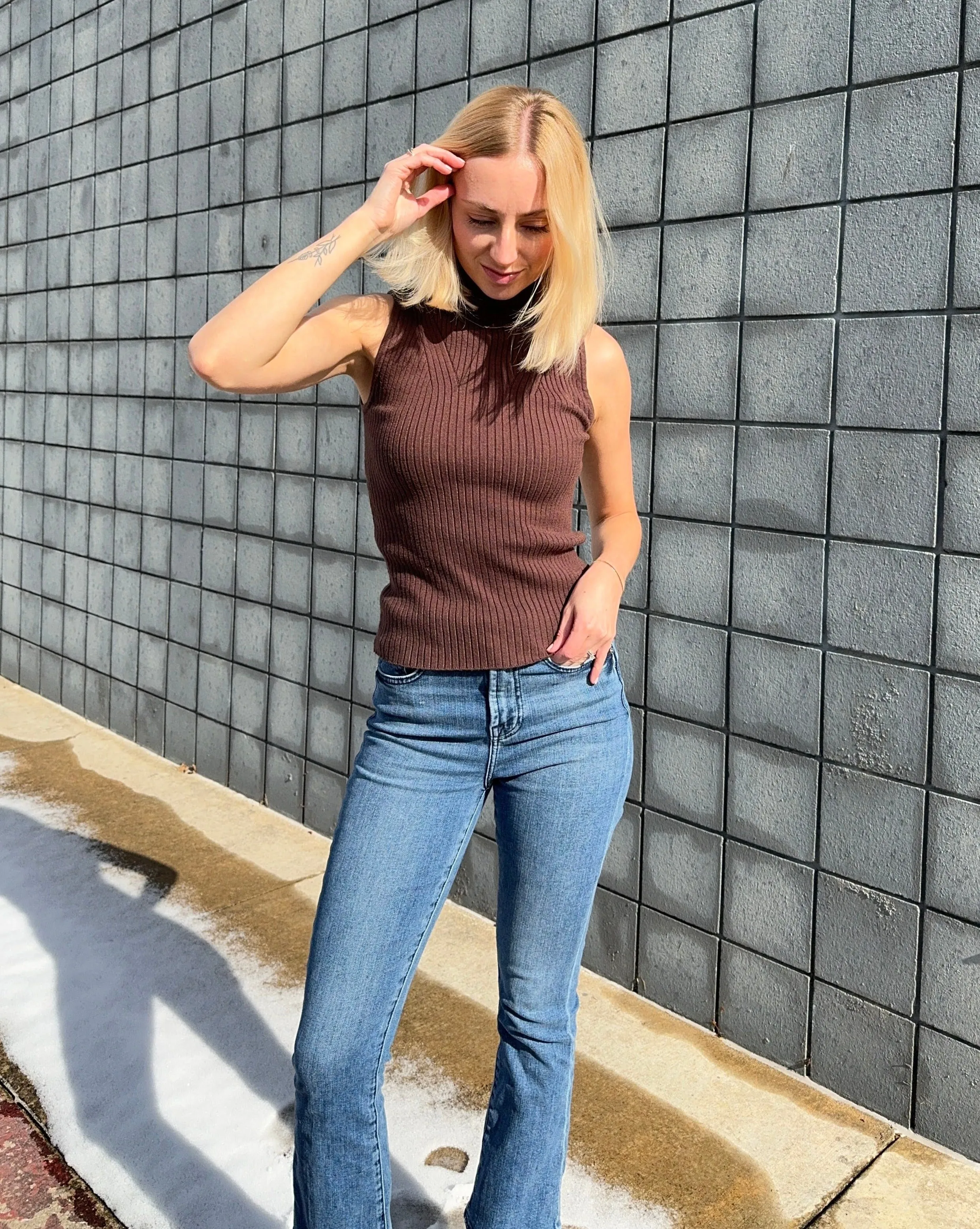 MEROKEETY Mock Neck Ribbed Knit Slim Tank Top