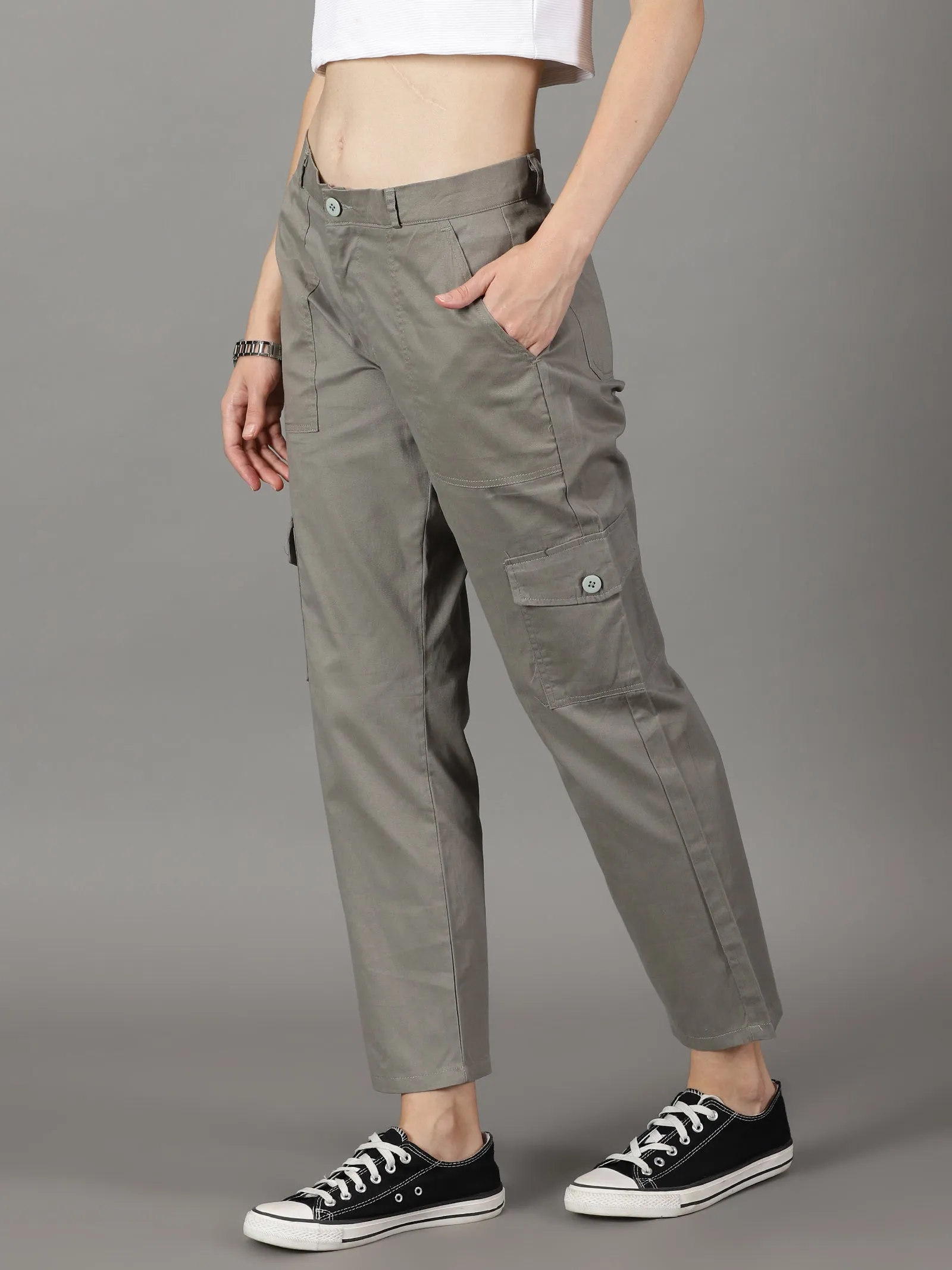 Olive Grey Cotton 6 Pocket Cargo Pants