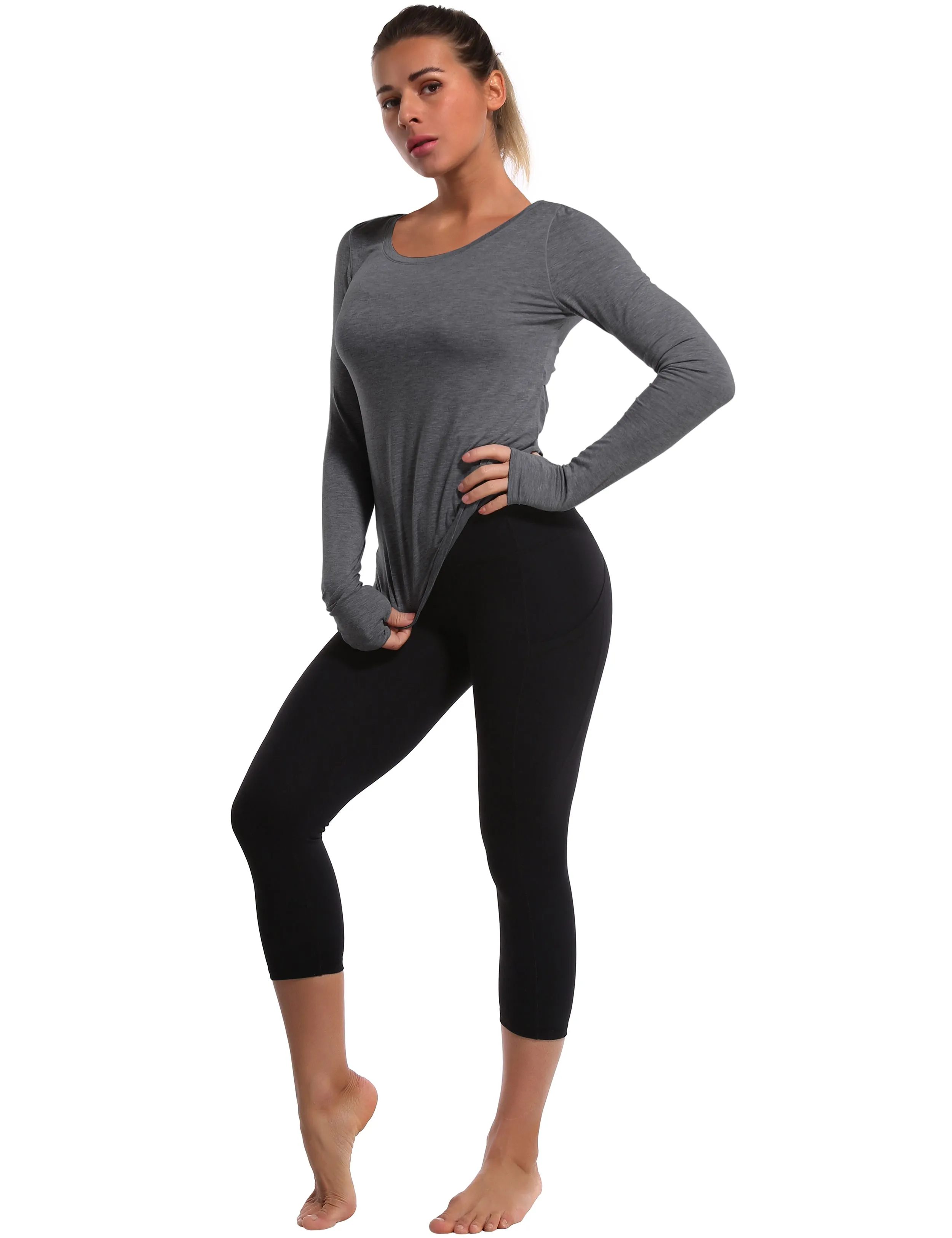 Open Back Long Sleeve Tops heathercharcoal_Running