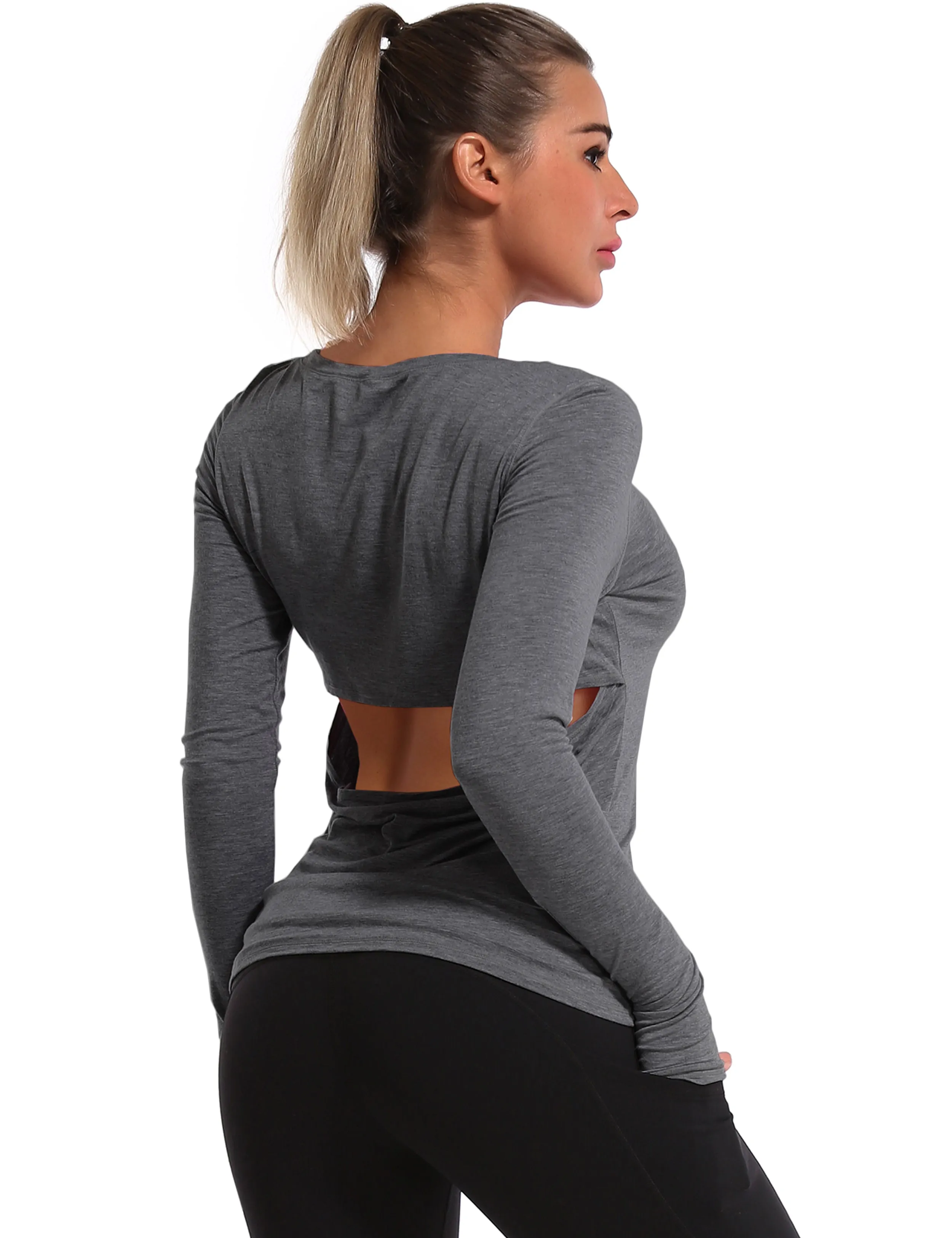 Open Back Long Sleeve Tops heathercharcoal_Running