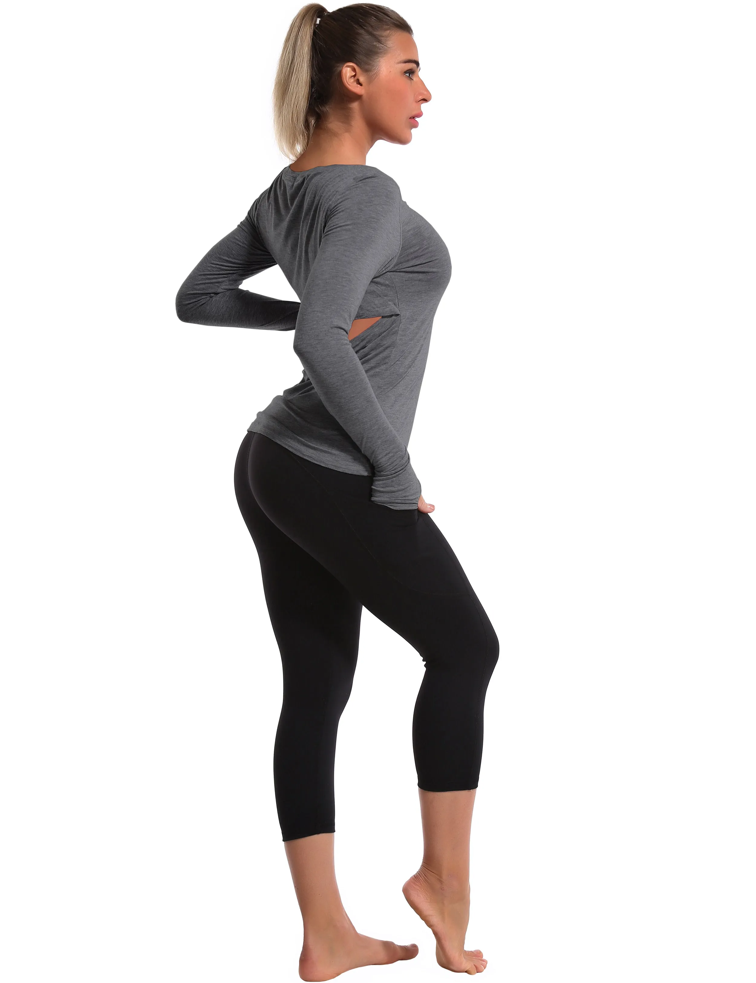 Open Back Long Sleeve Tops heathercharcoal_Running