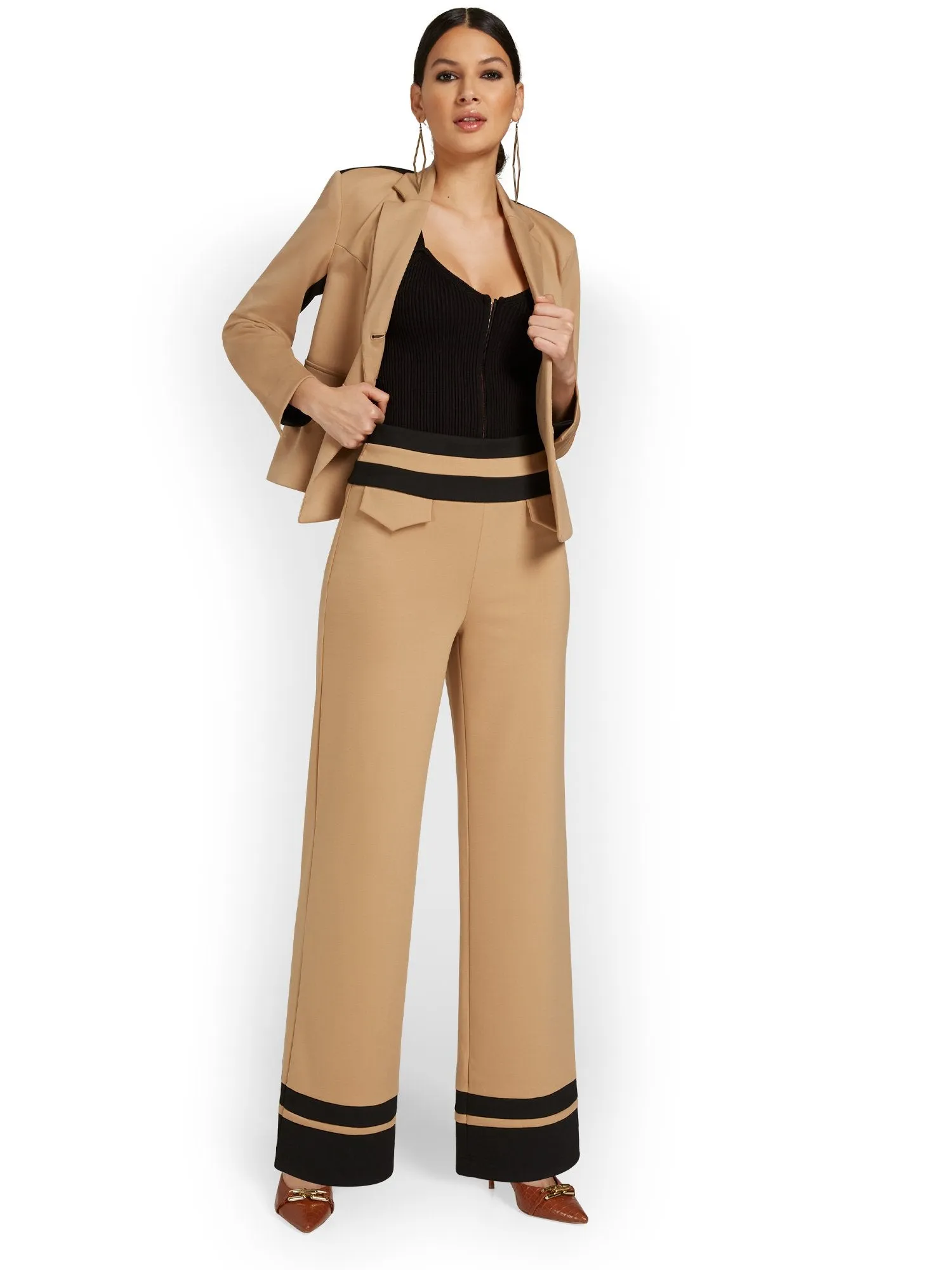 Pull-On Contrast-Stripe Wide-Leg Ponte Pant - Superflex