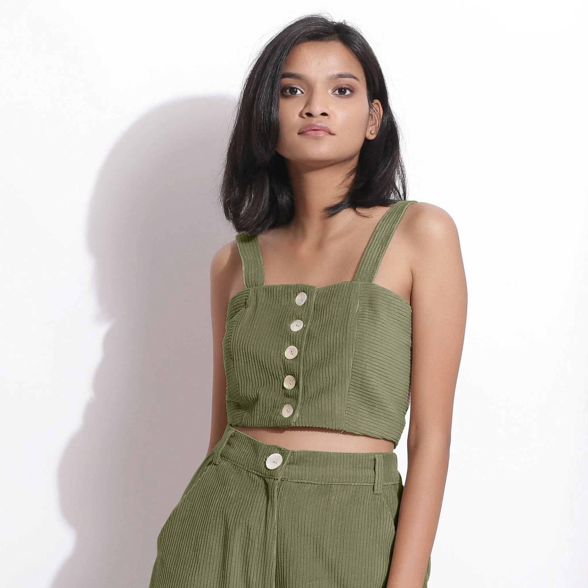 Sage Green Warm Cotton Corduroy Slim Fit Crop Top