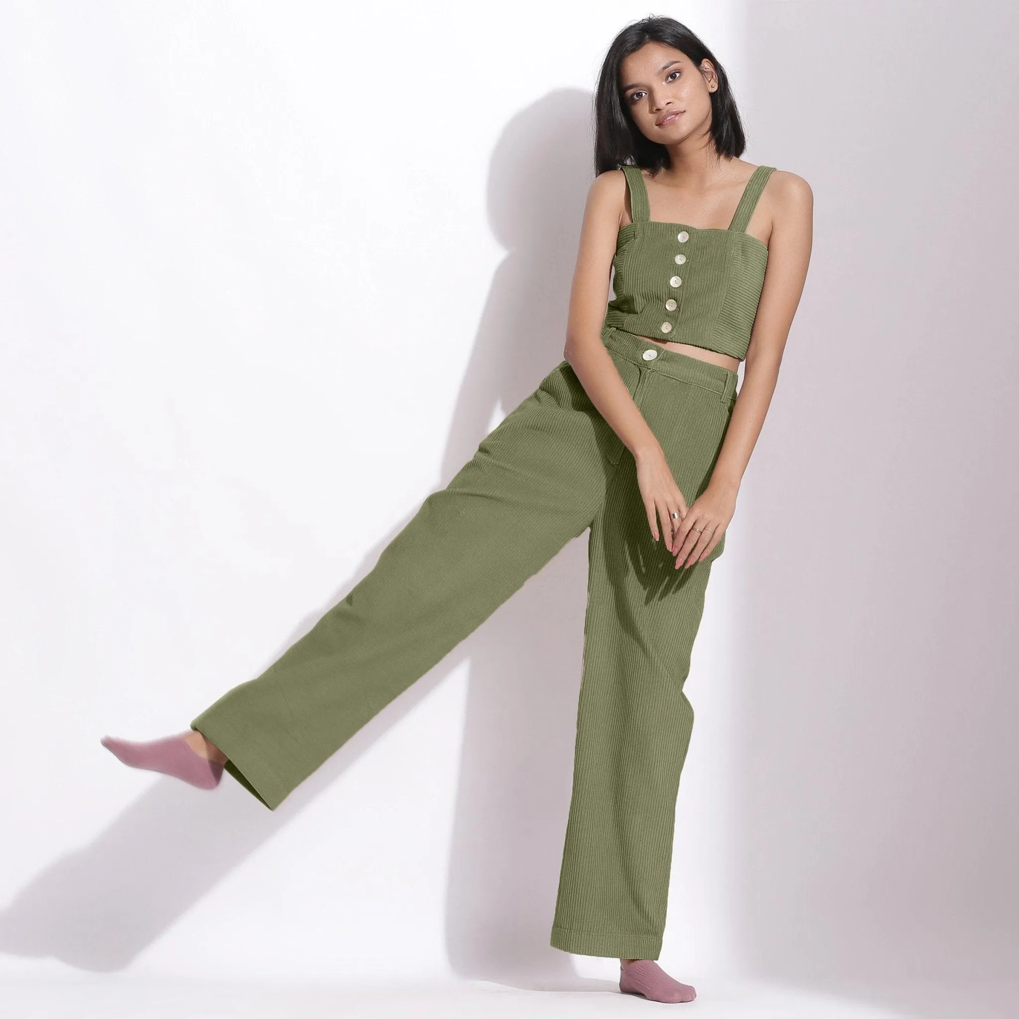 Sage Green Warm Cotton Corduroy Slim Fit Crop Top