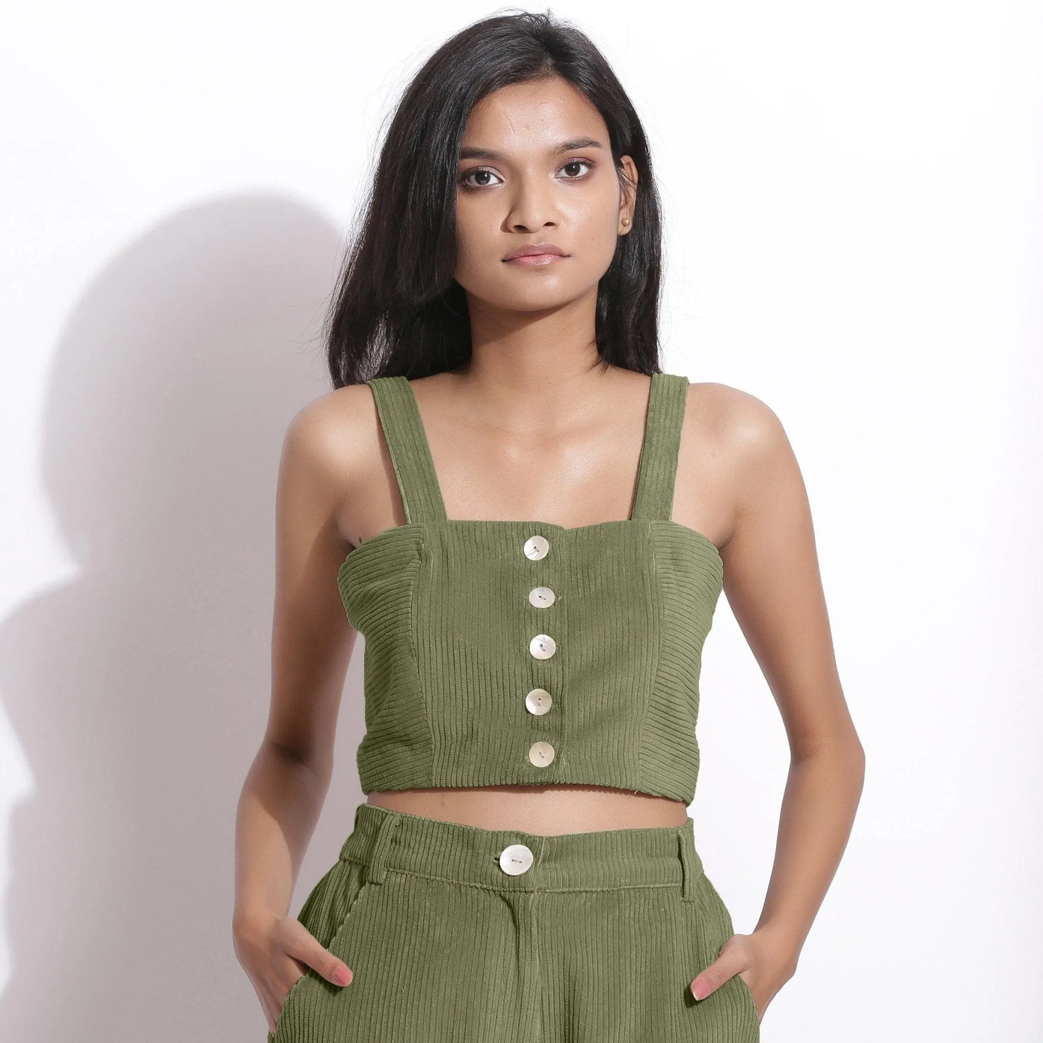Sage Green Warm Cotton Corduroy Slim Fit Crop Top