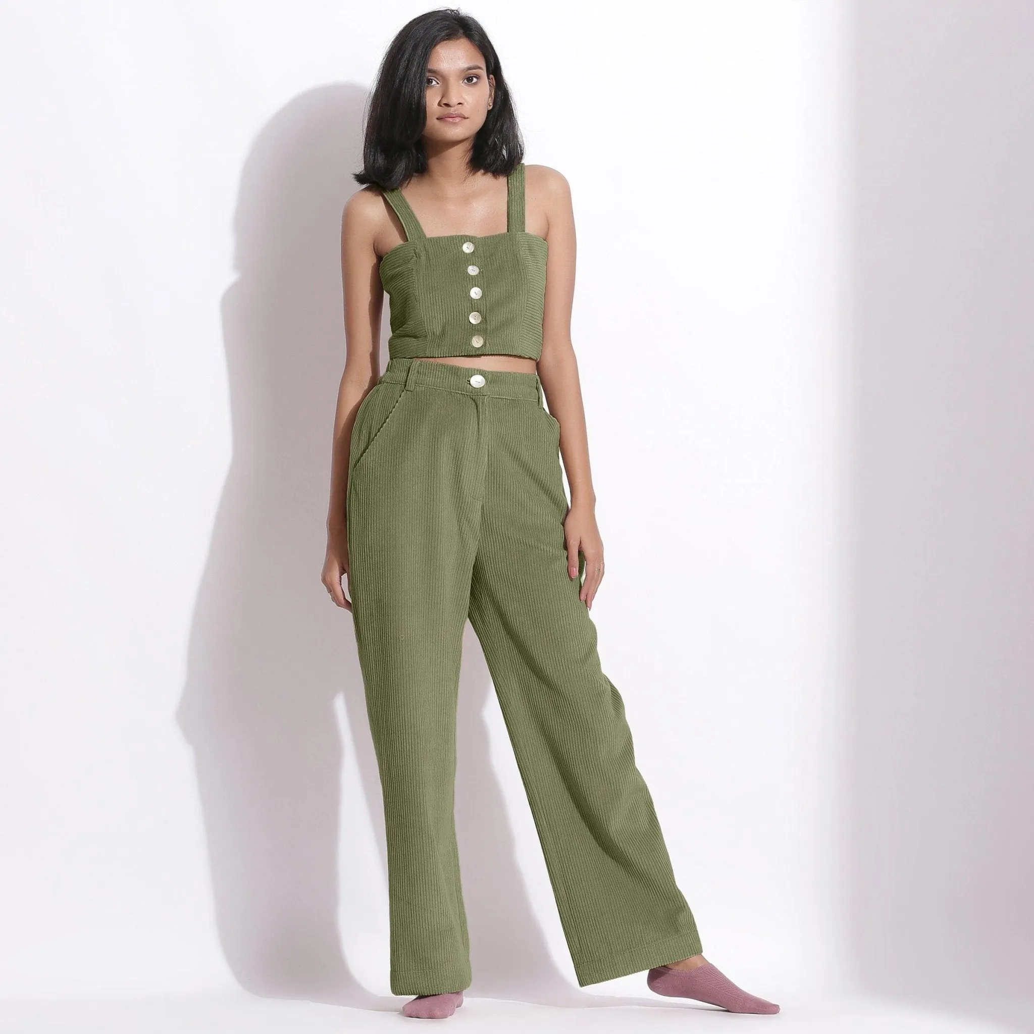 Sage Green Warm Cotton Corduroy Slim Fit Crop Top