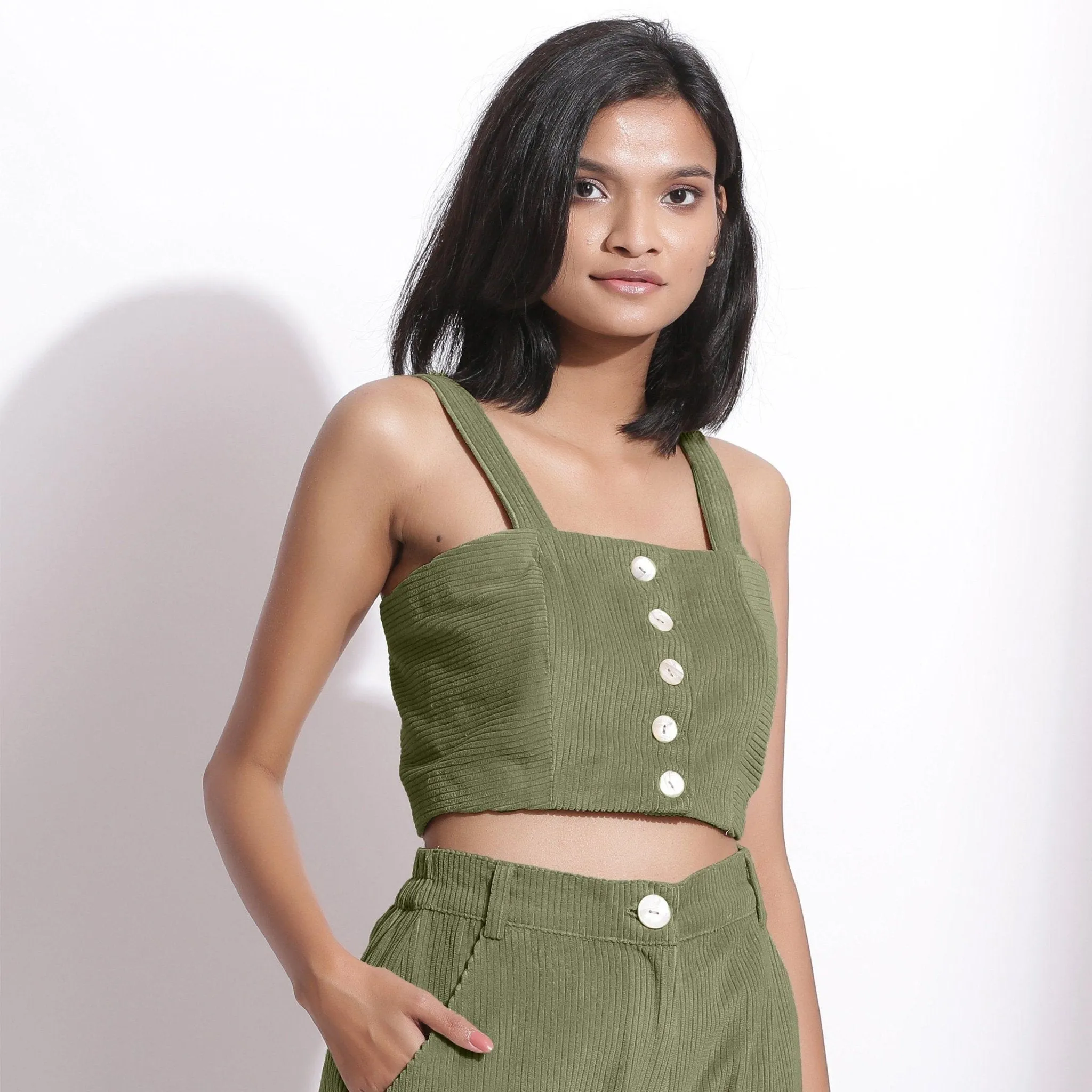 Sage Green Warm Cotton Corduroy Slim Fit Crop Top