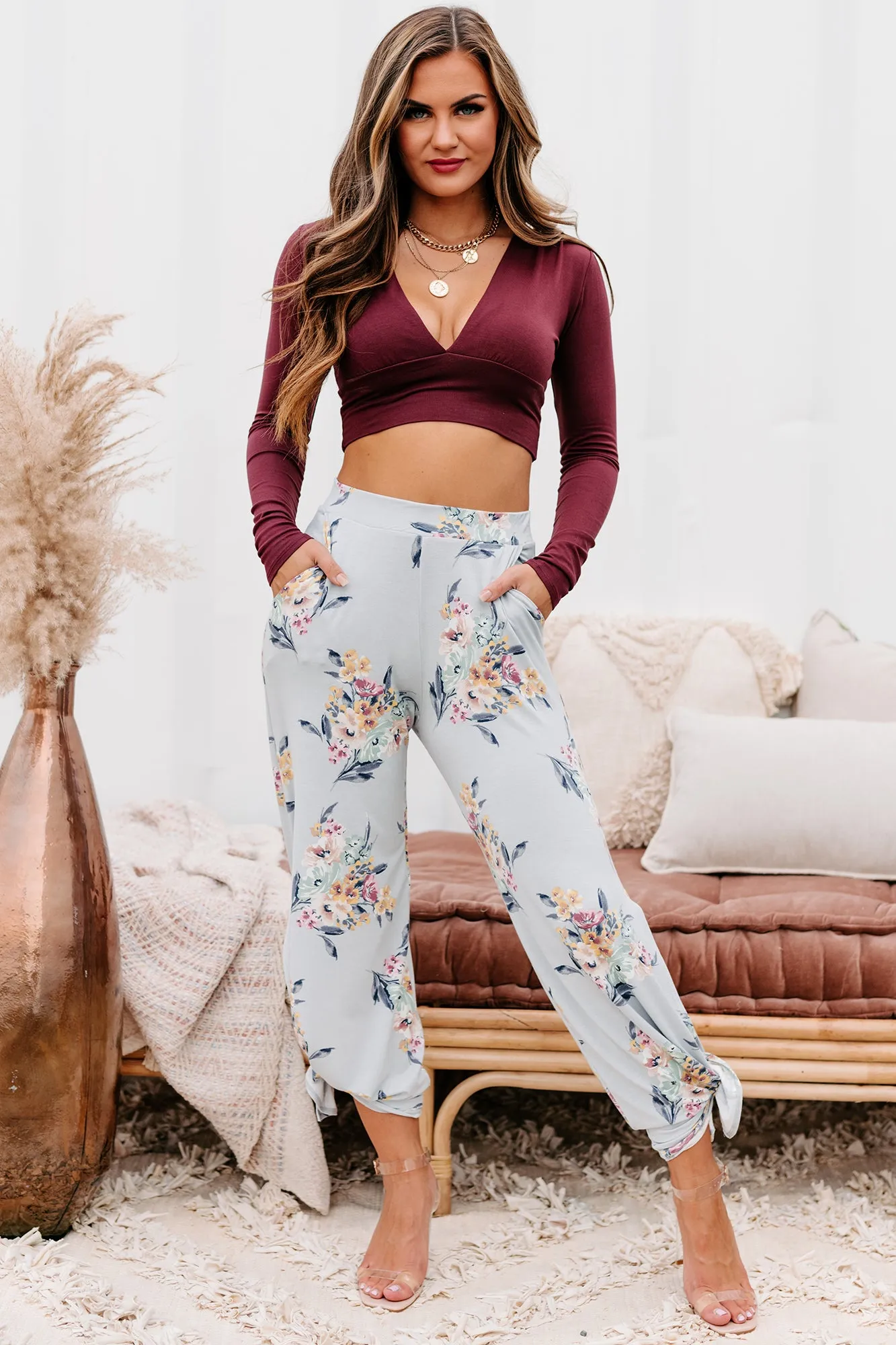 Sarabeth Long Sleeve Plunging Neck Crop Top (Mahogany)