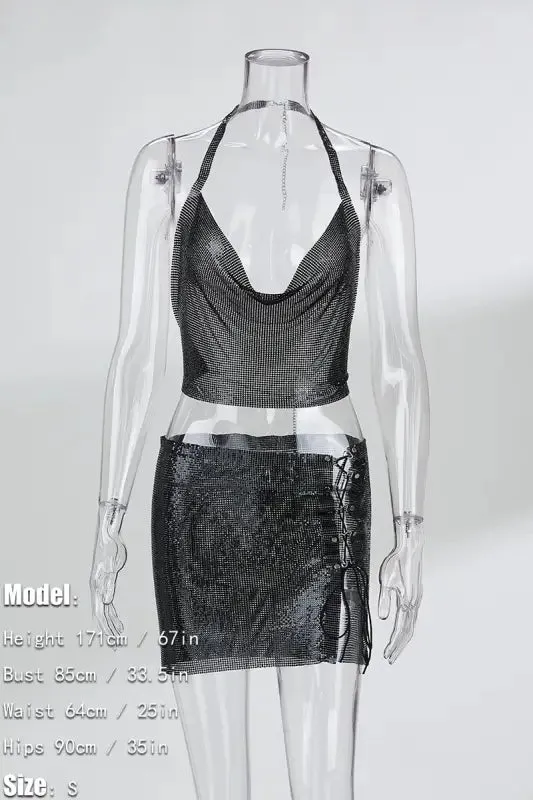 Sequin Metal Chain Lace-up Mini Skirt Set