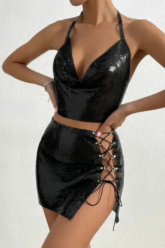 Sequin Metal Chain Lace-up Mini Skirt Set