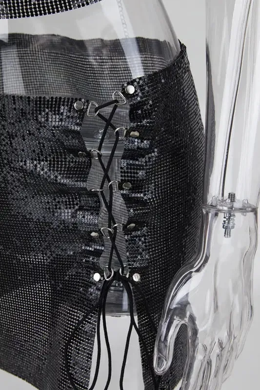 Sequin Metal Chain Lace-up Mini Skirt Set