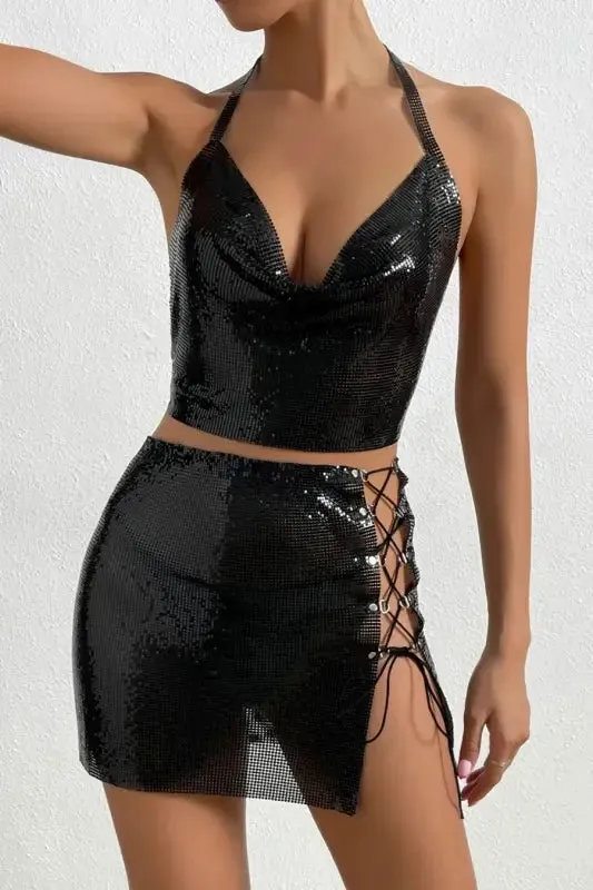 Sequin Metal Chain Lace-up Mini Skirt Set