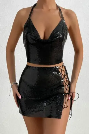 Sequin Metal Chain Lace-up Mini Skirt Set