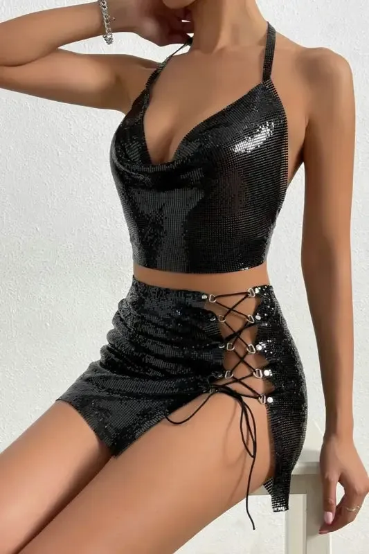 Sequin Metal Chain Lace-up Mini Skirt Set
