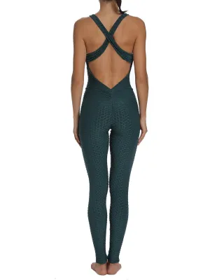 Solid Color Textured Backless Women Yoga Jumpsuits