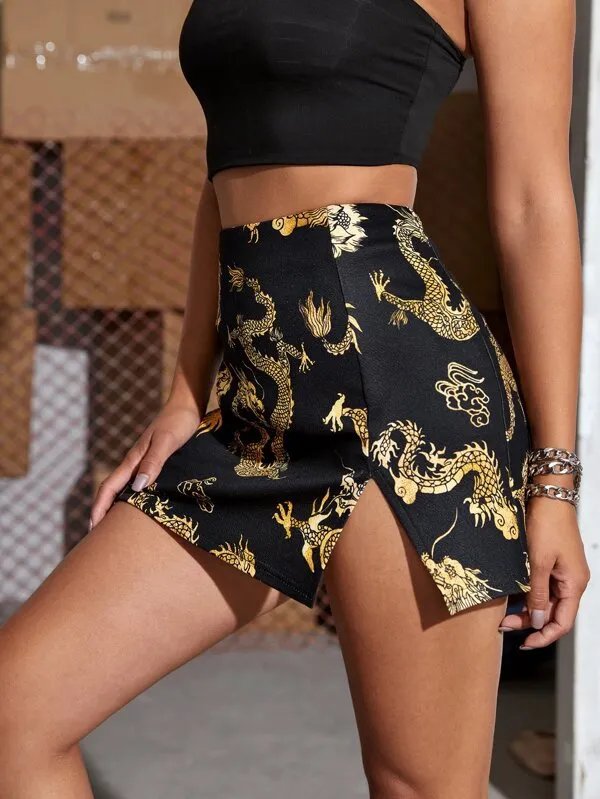 Summer Europe Women Dragon Printed Slim Look Drape High Waist Skirt Hip Flattering Skirt