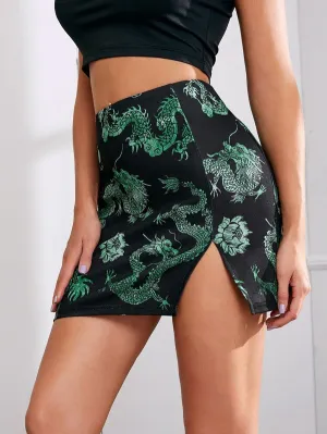 Summer Europe Women Dragon Printed Slim Look Drape High Waist Skirt Hip Flattering Skirt