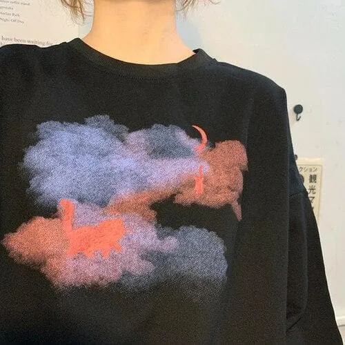 Sweater With Clouds And Cats Print