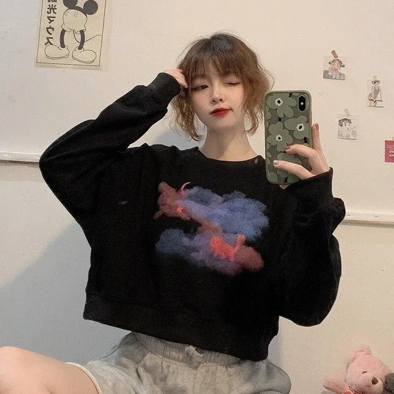 Sweater With Clouds And Cats Print