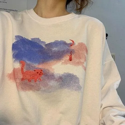 Sweater With Clouds And Cats Print