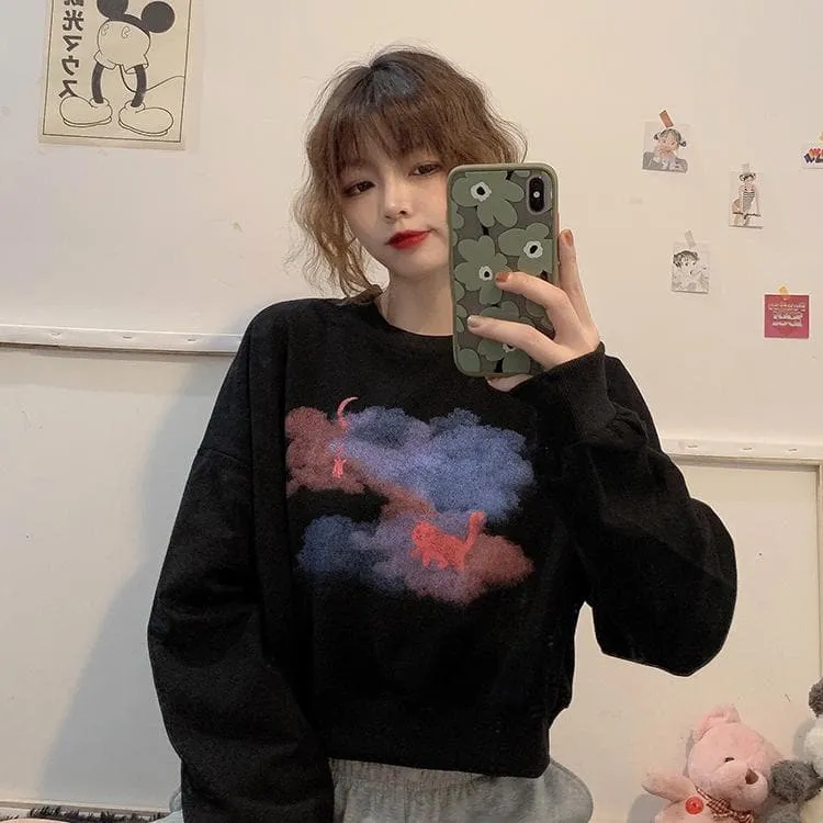 Sweater With Clouds And Cats Print