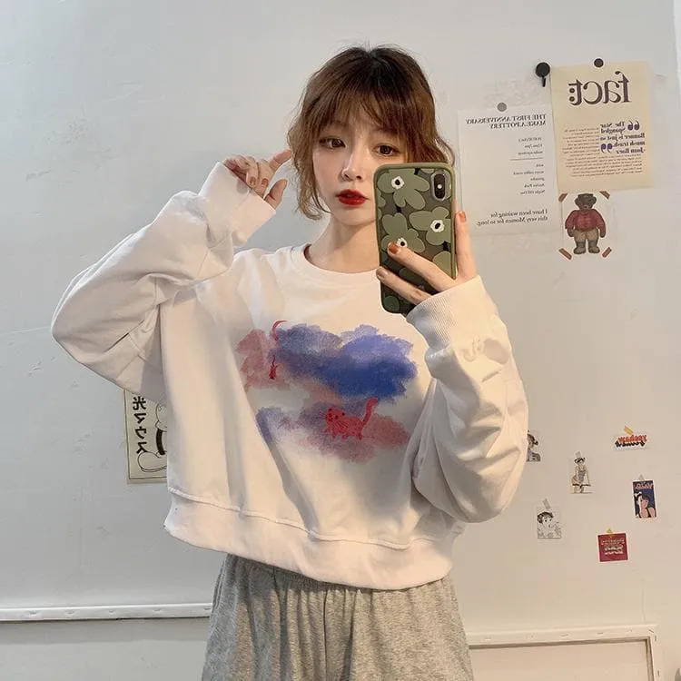 Sweater With Clouds And Cats Print
