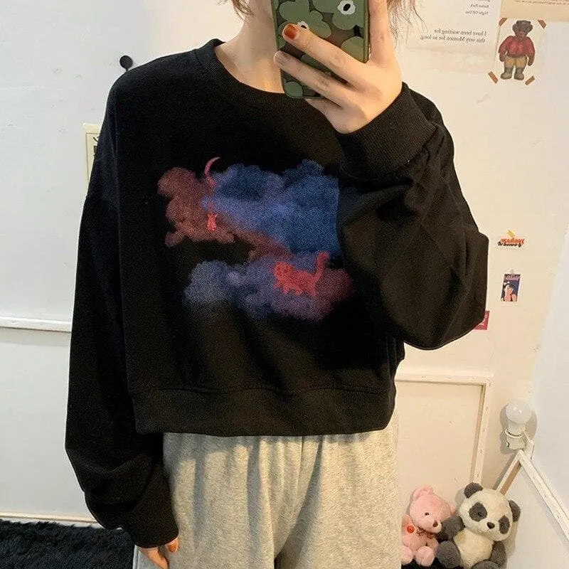 Sweater With Clouds And Cats Print
