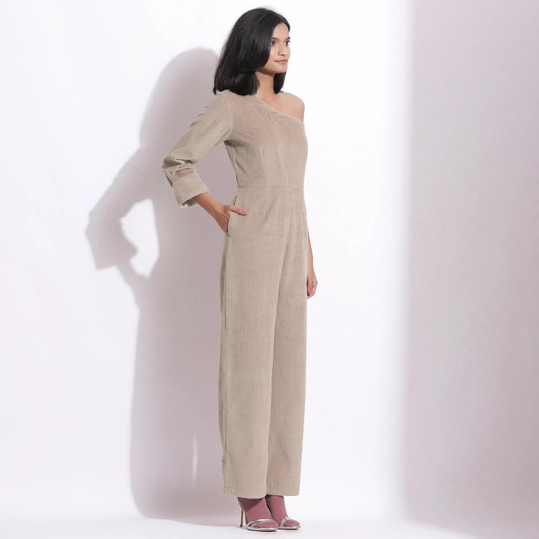 Taupe Beige Warm Cotton Corduroy Ankle Length One-Shoulder Jumpsuit