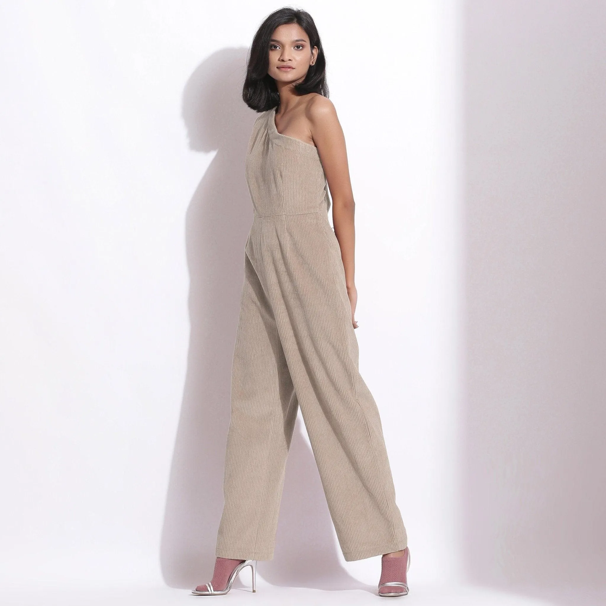 Taupe Beige Warm Cotton Corduroy Ankle Length One-Shoulder Jumpsuit