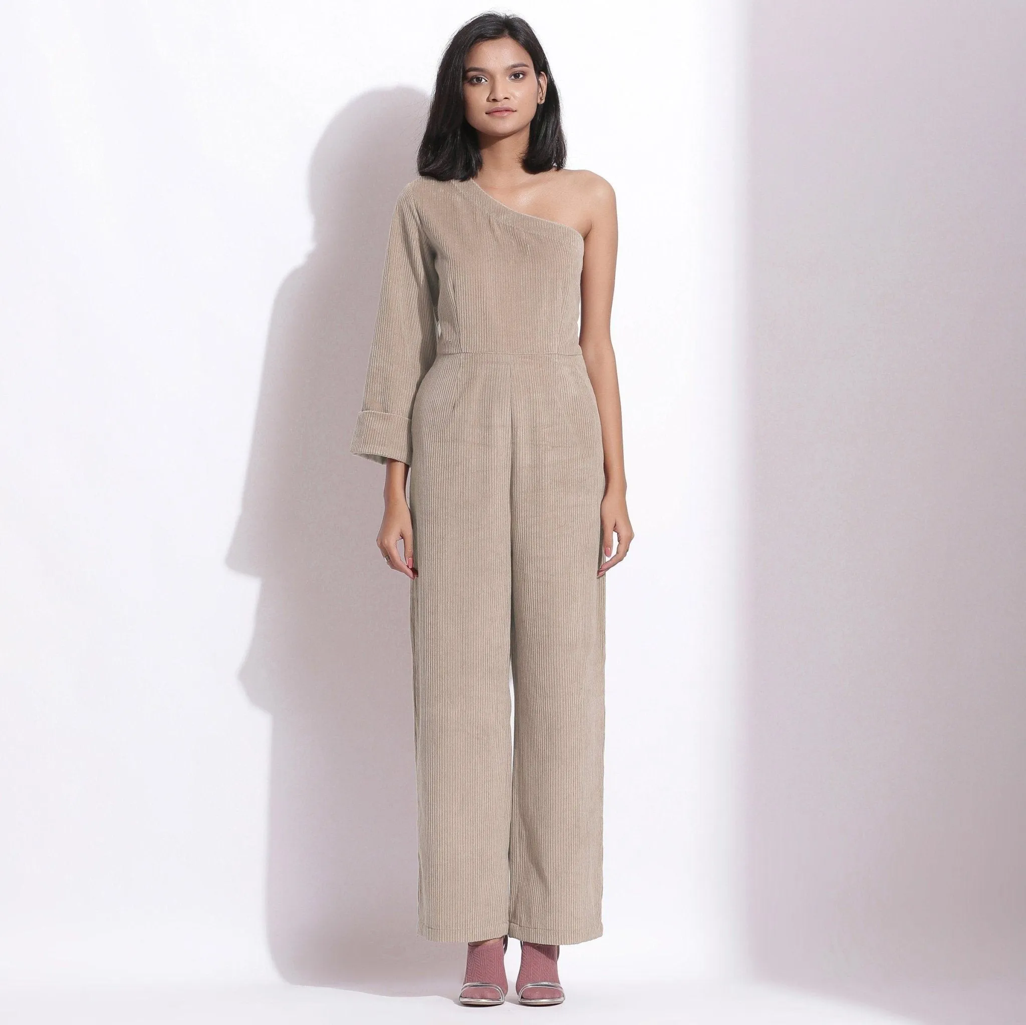 Taupe Beige Warm Cotton Corduroy Ankle Length One-Shoulder Jumpsuit