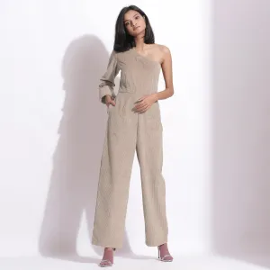 Taupe Beige Warm Cotton Corduroy Ankle Length One-Shoulder Jumpsuit