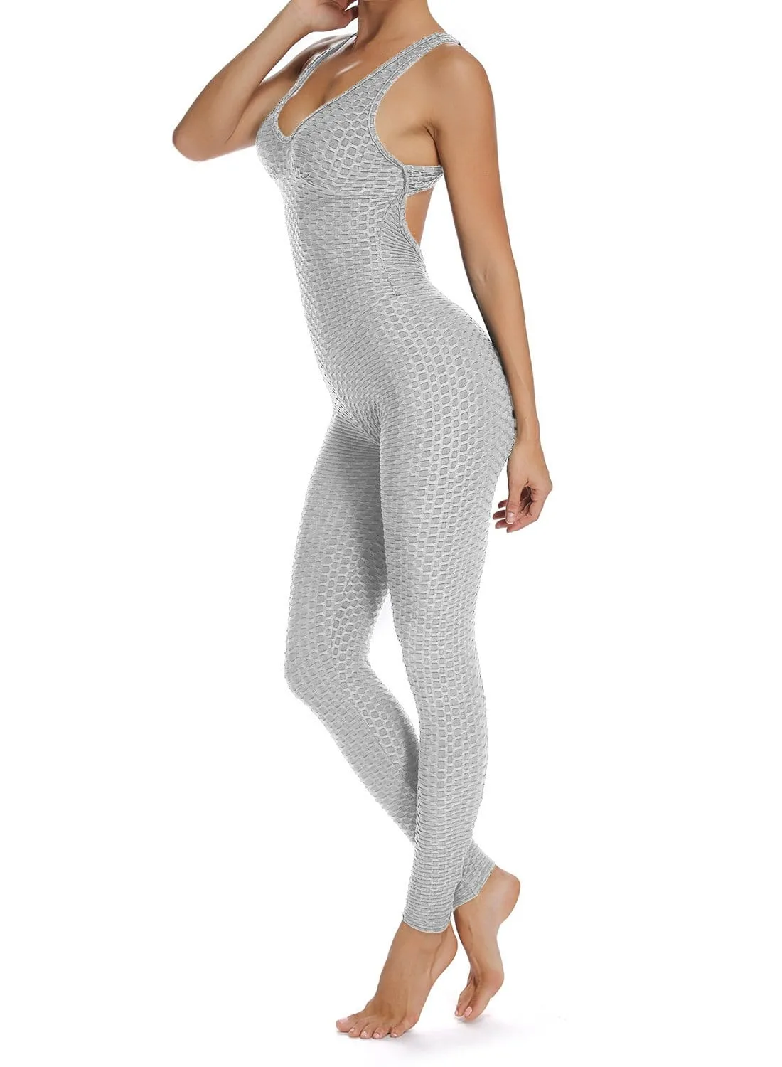 Textured Solid Color Backless Workout Yoga Jumpsuits