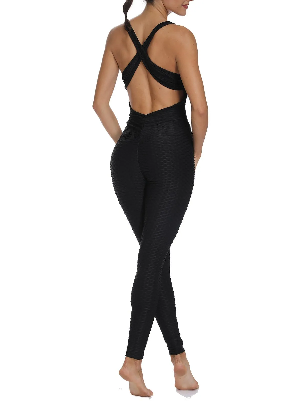 Textured Solid Color Backless Workout Yoga Jumpsuits