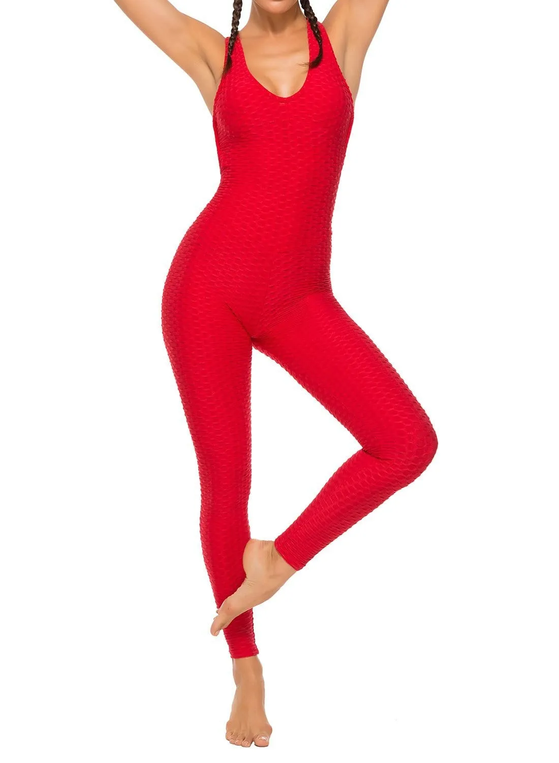 Textured Solid Color Backless Workout Yoga Jumpsuits