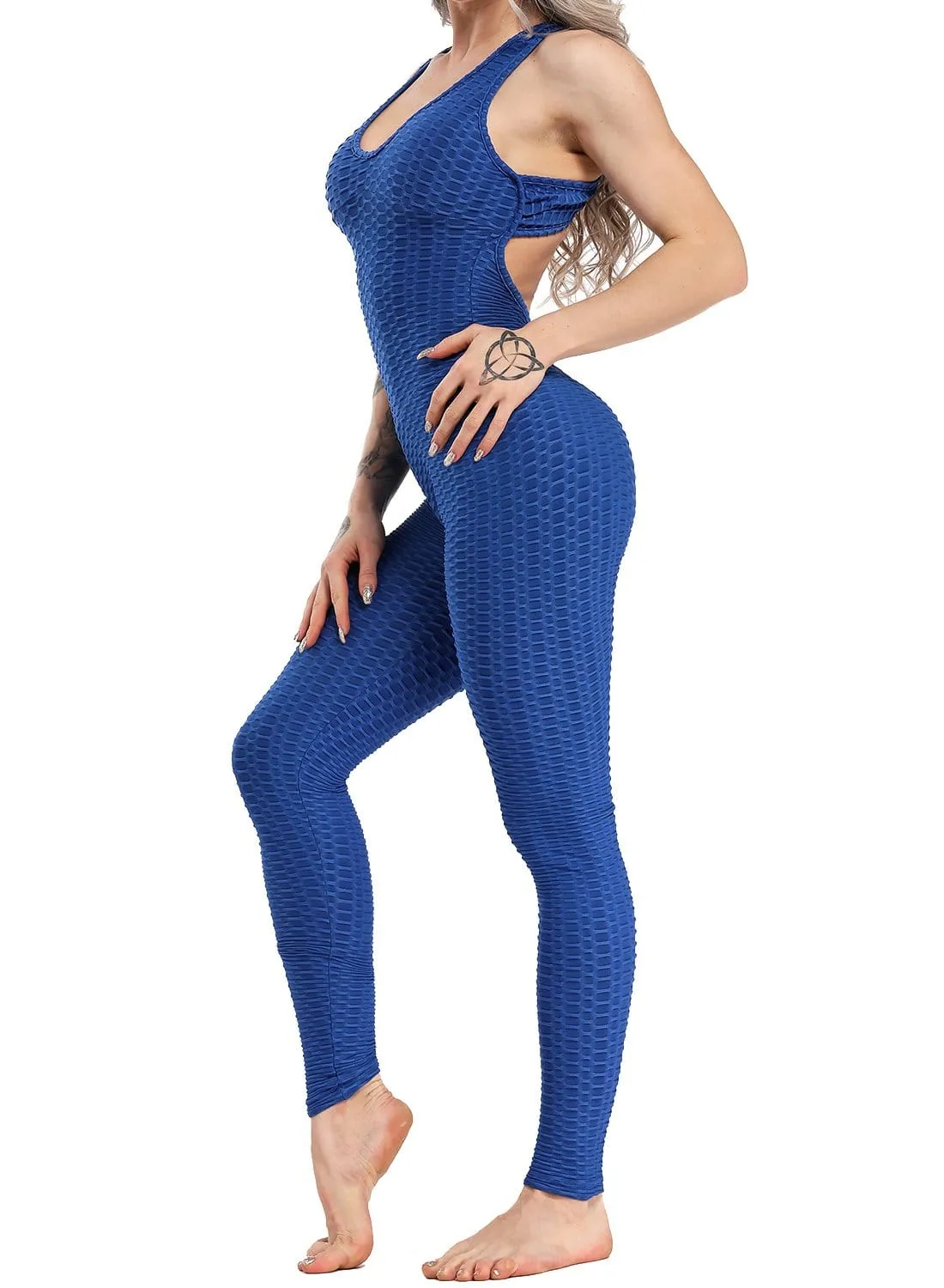 Textured Solid Color Backless Workout Yoga Jumpsuits