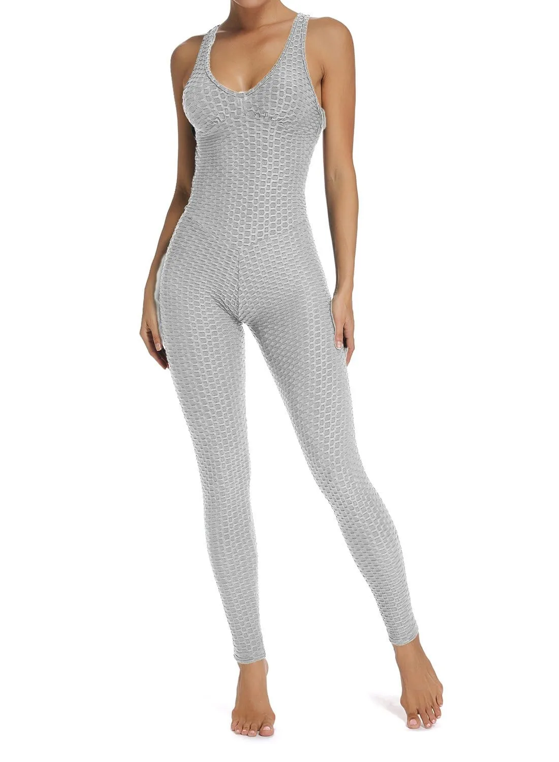 Textured Solid Color Backless Workout Yoga Jumpsuits