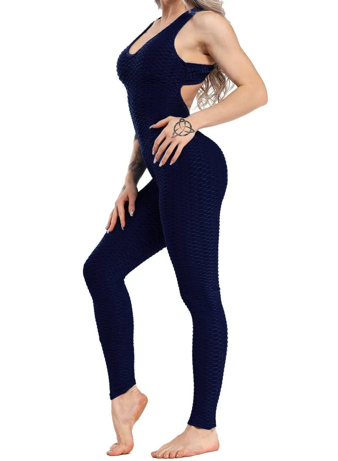 Textured Solid Color Backless Workout Yoga Jumpsuits