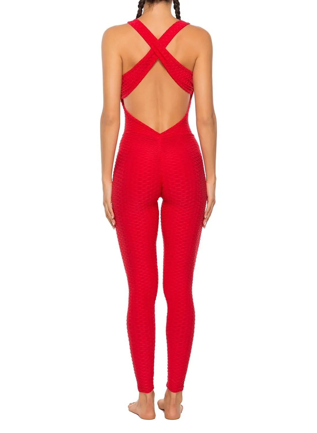Textured Solid Color Backless Workout Yoga Jumpsuits