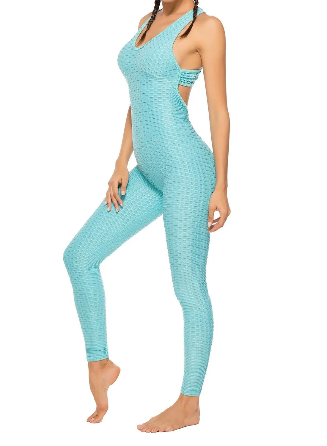 Textured Solid Color Backless Workout Yoga Jumpsuits