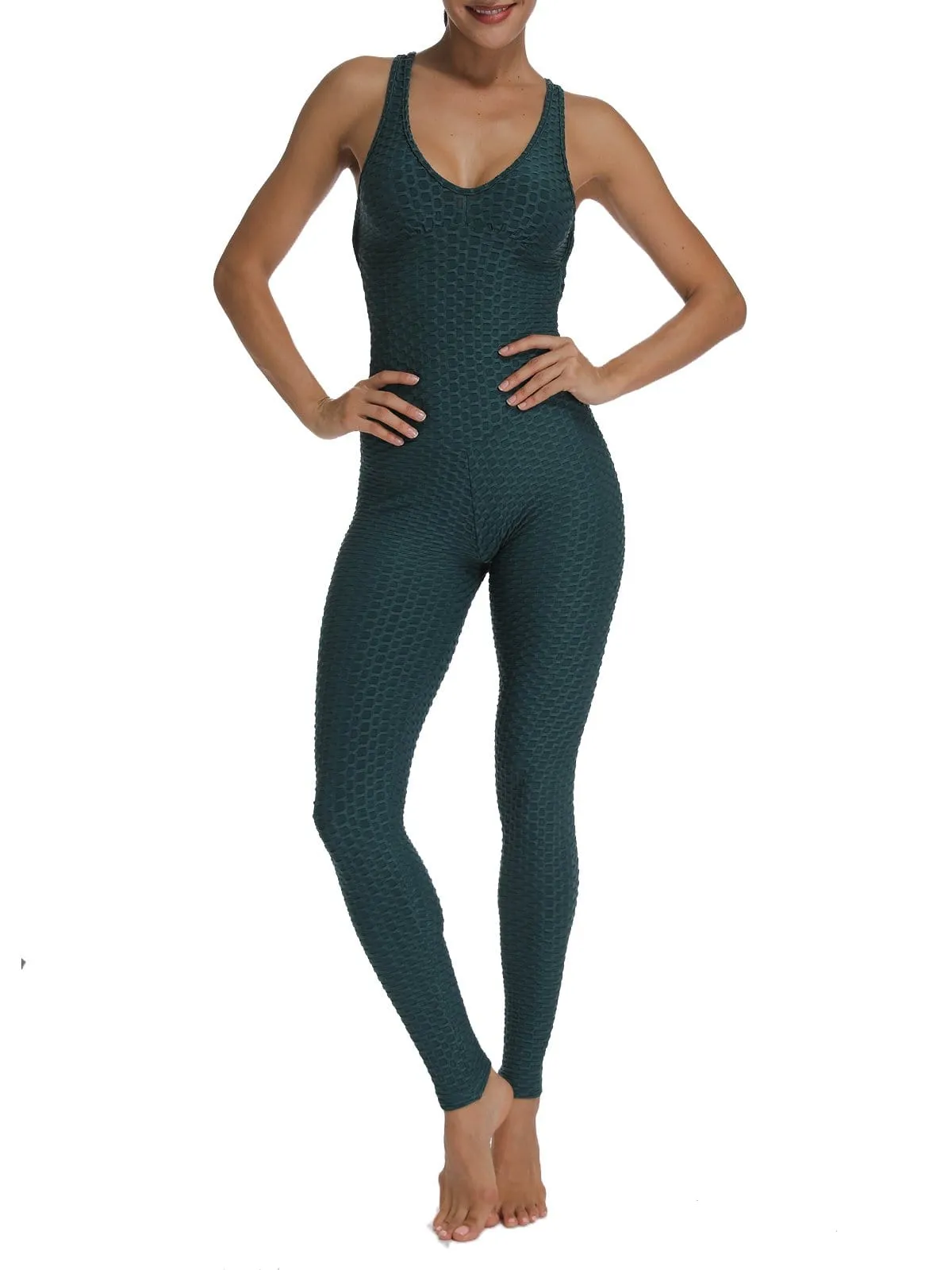Textured Solid Color Backless Workout Yoga Jumpsuits