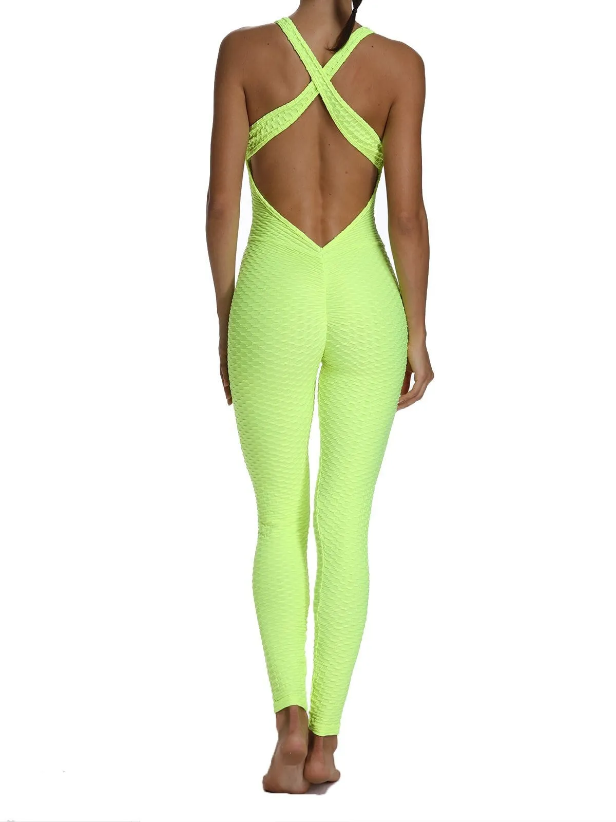 Textured Solid Color Backless Workout Yoga Jumpsuits